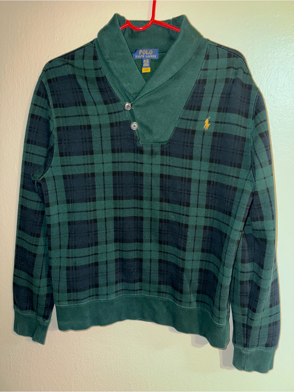 Boys/men Polo by Ralph Lauren Green & Navy Plaid Shawl Collar Sweater
